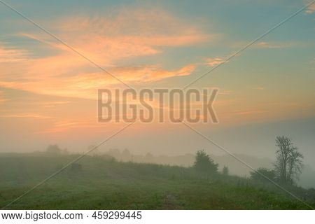 Serene Landscape In The Fog - The Shores Of Lake Otolovo In Belarus