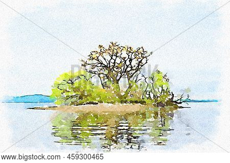 Peaceful Calm Lake Reflection Of Trees On Island At Loch Lomond