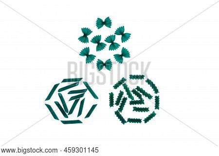 Green Pasta Products With Spirulina Or Chlorella. Different Pasta ( Farfalle, Fusillini, Penne) With