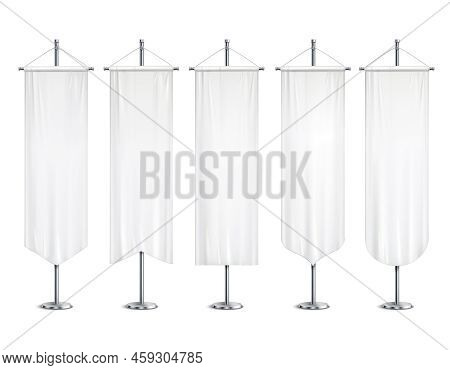 Blank White Long Mock Up Pennants Flags  Banners Hanging On Pole Stand Support Realistic Set Vector 