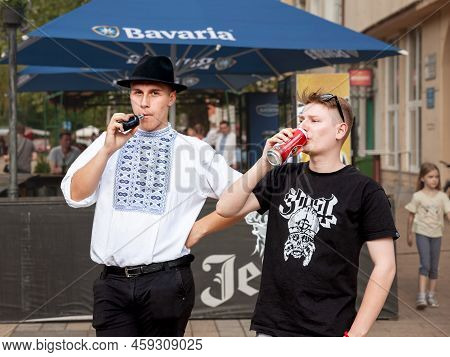 Kovacica, Serbia - May 14, 2021: Two Young Men Slovaks Of Vojvodina, Wearing A Traditional Embroider