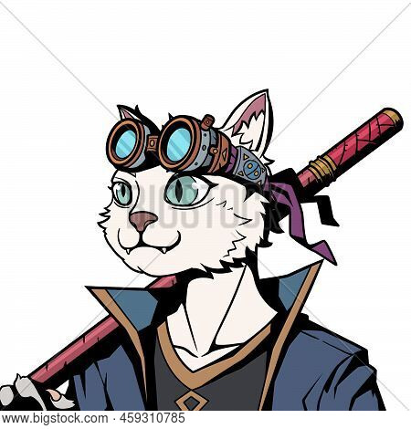 A Cat Man Carrying A Sword. The Cat Wears A Pilot Helmet On Its Head. Concept Art Animal. Book Illus