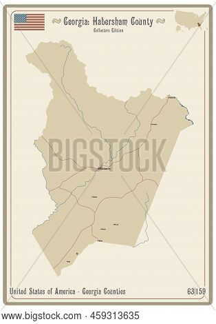 Map On An Old Playing Card Of Habersham County In Georgia, Usa.