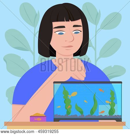 Girl Takes Care Of The Aquarium. Enjoying Watching Aqua Life. Girl Feeding Fish, While Owners Travel