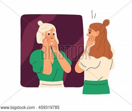 Fear Of Aging, Phobia Of Wrinkles, Psychology Gerascophobia Concept. Young Woman Afraid Of Senior El