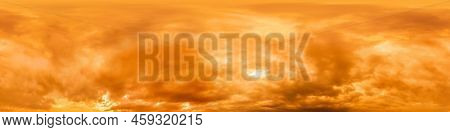 Golden Glowing Red Orange Overcast Sunset Sky Panorama. Hdr Seamless Spherical Equirectangular 360 P