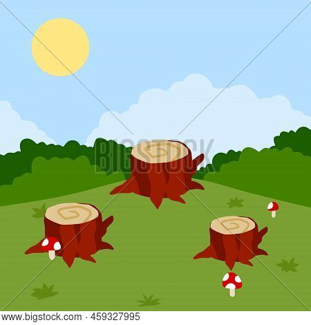 Stump In Forest Meadow. Green Field With Grass. Background For Child Drawing. Summer Nature. Funny S
