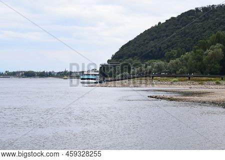 Namedy, Germany - 08 01 2022: Passenger Ship At The Geysir Island Near Andernach During A Drought Su