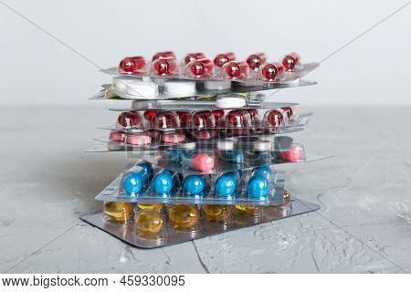 Too Many Different Pill Cartridges Stacked. Selective Focus. Packs Of Blister Pills With Tablets. Co