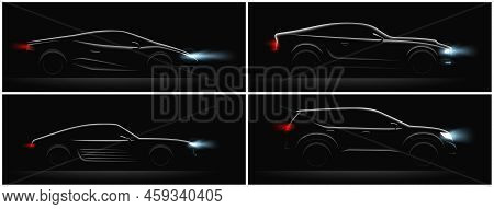 Realistic Car Silhouete Dark Set Of Four Profiles With Different Car Body And Glowing Running Lights
