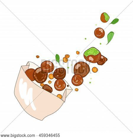 Falafel Balls Flying From Paper Packaging Vector Cartoon Illustration Isolated On White Background,h