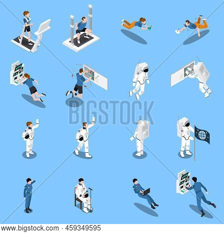 Astronaut Cosmonaut Taikonaut Isometric Icons Set Of Sixteen Isolated Icons Of Testers And Real Cand