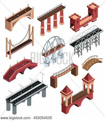 Bridges Details Isometric Elements Collection With Modern Metallic Constructions Ancient Wooden Ston