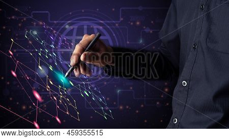 Young Businessman Holding A Pen To Manage Information Systems, Digital Marketing, And E-commerce, Th