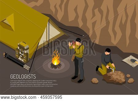Geologists Research Fieldwork Camp Horizontal Isometric Composition With Tent Campfire Rock Samples 