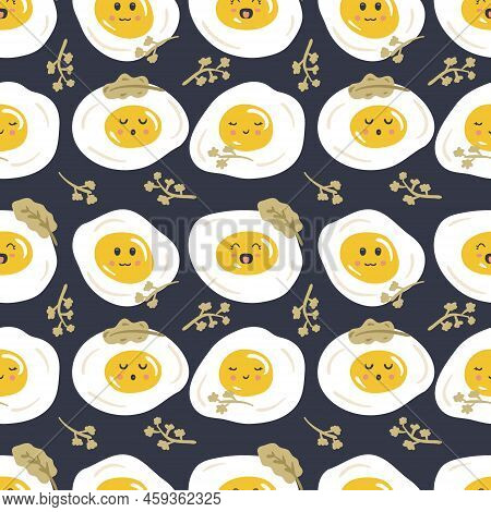 Fried Eggs And Parsley Greens Seamless Pattern. Cute Characters Print For Nursery And Baby Fashion. 
