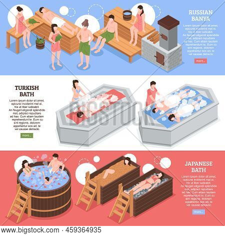 Japanese Russian And Turkish Bath Houses Set Of Horizontal Isometric Banners On Colorful Background 