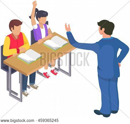 Teacher And Pupils. Students In Audience. Young People Sitting At Tables And Listening To Lecture. P