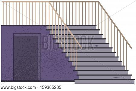 Interior Design Scene With Stairs And Door. Staircase At Entrance To House. Corridor Or Hall Of Buil