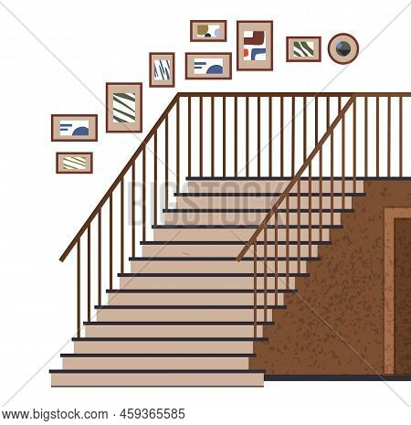Interior Design Scene With Stairs And Door. Staircase At Entrance To House. Corridor Or Hall Of Buil