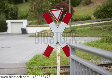 Diagonal Cross At Railroad Crossing, Day And Outdoors