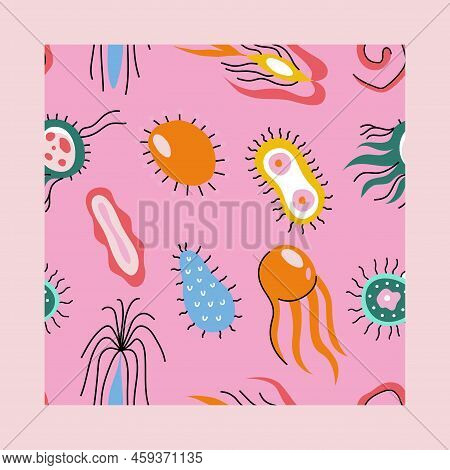 Colorful Medical Seamless Pattern With Cute Doodle Bacterias, Microbs And Dnk