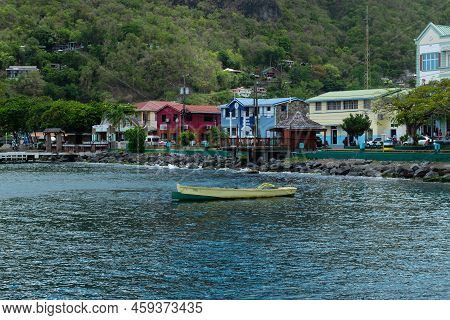 Soufriere, St Lucia -may 4 - A Small Boat With Local Business In The Background On May 4 2022 In Sou
