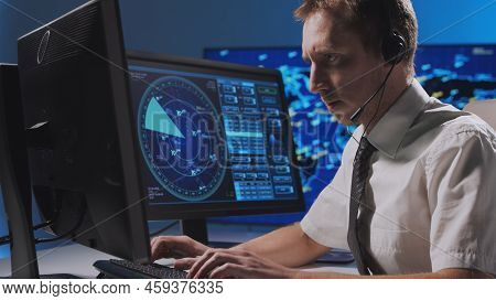 Workplace Of The Professional Air Traffic Controller In The Control Tower. Caucasian Aircraft Contro