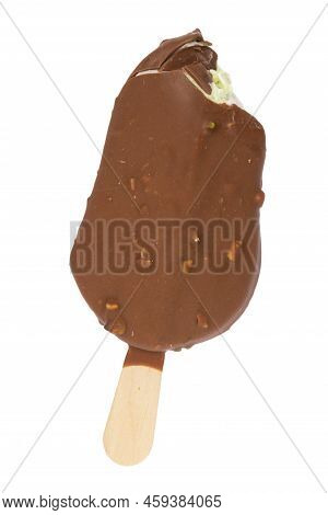 Chocolate Glazed Icecream Escimo With Nuts Isolated On The White Background