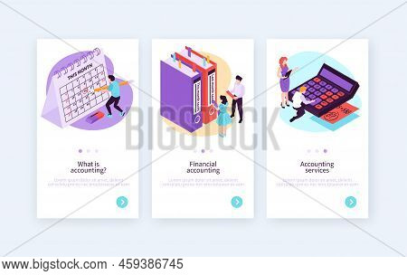Set Of Three Isometric Accounting Vertical Banners With Editable Text Clickable Button And Switchabl