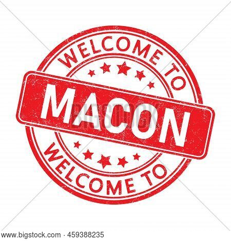 Welcome To Macon. Impression Of A Round Stamp With A Scuff. Flat Style