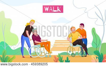 Nursing Home Outdoor Activities With Medical Attendant And Volunteer Walking With Wheelchair Bounded