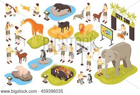Isometric Zoo Set With Isolated Images Of Animals Human Characters Of Personnel And Animal Park Item