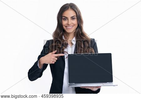 Beautiful Smiling Business Woman Over Grey Background Using Laptop Computer. Woman Holding Laptop Wi