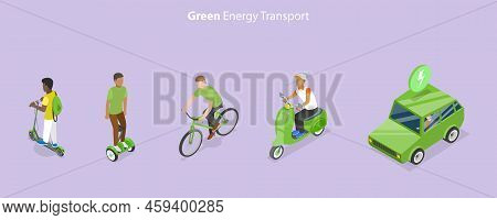 3d Isometric Flat Vector Conceptual Illustration Of Green Energy Transport Set, Environmentally Frie