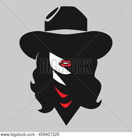 Pretty Cowgirl Wearing Bandana Headshot Portrait Symbol On Gray Backdrop. Design Element