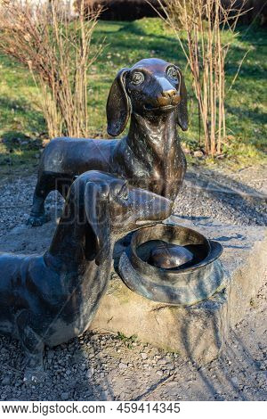 Moscow Region, Russia - November 21, 2019: Monument To The Dachshunds Of The Russian Writer Anton Ch
