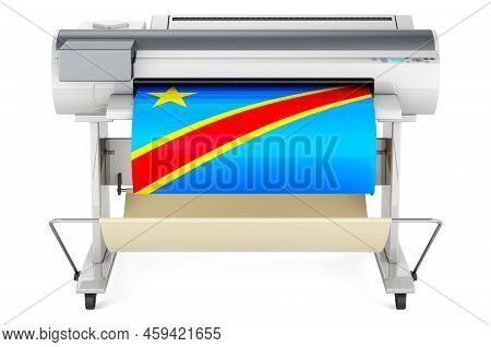 Wide Format Printer, Plotter With Congolese Democratic Republic Flag. 3d Rendering Isolated On White