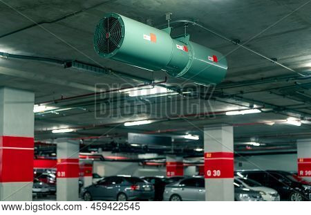 Jet Fan At Underground Parking Area. Ventilation Fan In The Parking Lot. Air Flow System. Ventilatio