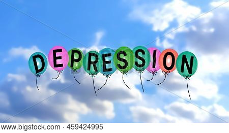 Depression Bloons Free In Blur Sky Background Image. Concept For Mental Health, Meditation, Work Loa