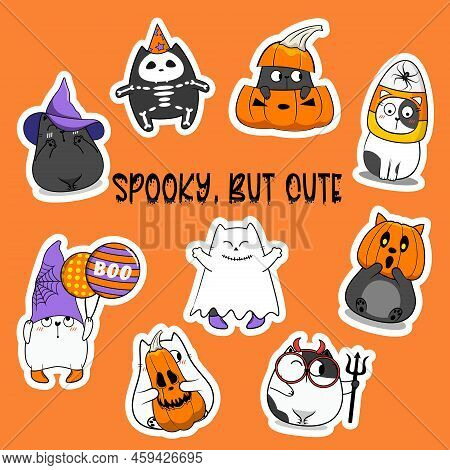 Cute Halloween Cat Sticker Pack. Vector Stock Illustration.