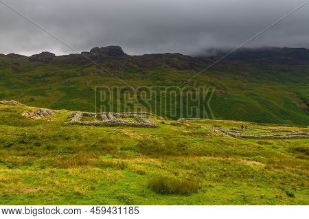 Hardknott Pass, Cumbria, England - 13 August 2018: View Of The Hardknott Roman Fort , Archeological 