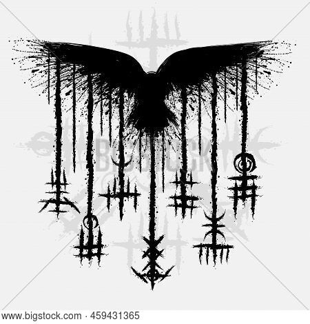 White Grunge Background With Ink Blots And Abstract Black Brushed Symbol. Old Norse Viking Mythology