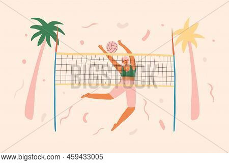 Young Girl Is Playing Beach Volleyball, Blocking An Attack On The Net. Summer Healthy Lifestyle Conc