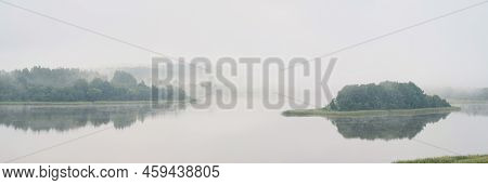 Serene Landscape In The Fog - The Shores Of Lake Otolovo In Belarus