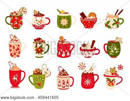 Christmas Chocolate And Eggnog Drinks. Vector Mugs And Cups Of Winter Holiday Hot Beverages, Cocoa, 