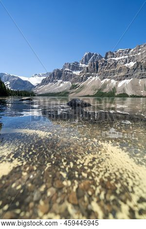 Calm Water Of Bow Lake In Banff National Park, Along The Icefields Parkway, With Yellow Algae