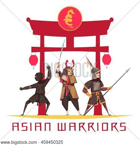 Asian Ancient Warriors Concept With Weapons And Uniform Flat Vector Illustration