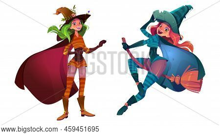 Beautiful Young Women In Witch Costumes With Cape And Hat Isolated On White Background. Vector Carto