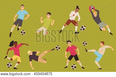 Men Team Of Soccer Players, Cartoon Vector Avatars In Different Poses. Football Players Kick Ball, K